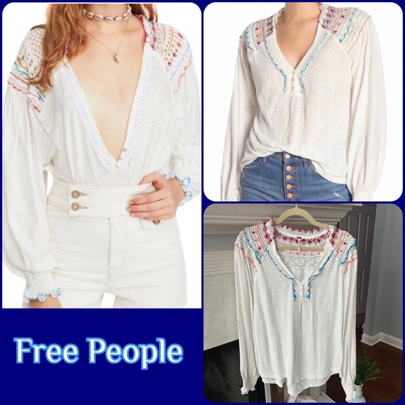 Free People Tops - Free People Siesta Fiesta Embroidered Boho Knit Top Peasant Henley Med